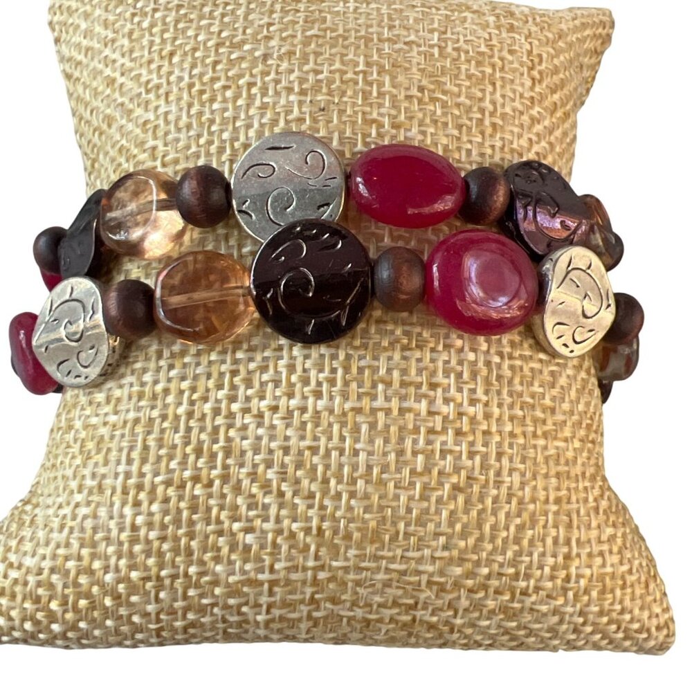 Set of 2 Multi Color Glass Beaded Stretch Bracelets Ceramic Red Brown Copper